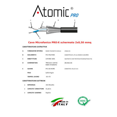 Atomic Pro PRO-X cavo microfonico schermato Made in Italy 6,35mm 100 mt